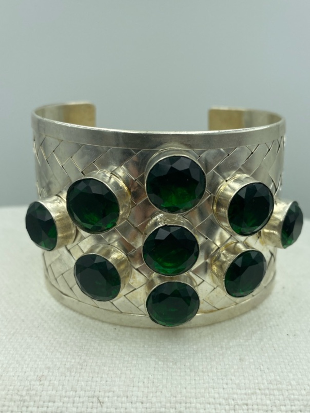 Silver Cuff Bracelet with Deep Green Gem Accents 73g